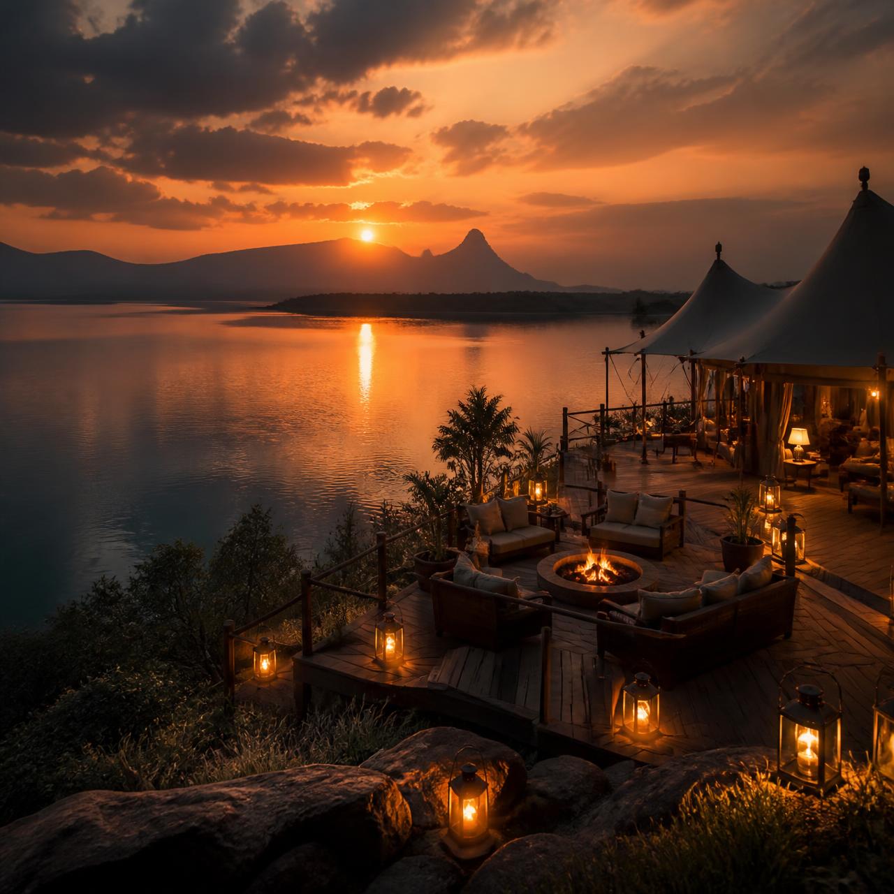 Sunset over Pawna Lake with a luxury glamping deck